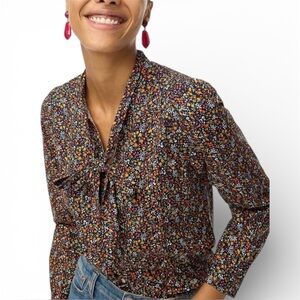 J Crew multi-color Micro Floral Bow Tie-Neck Button Front long-sleeved retro Top